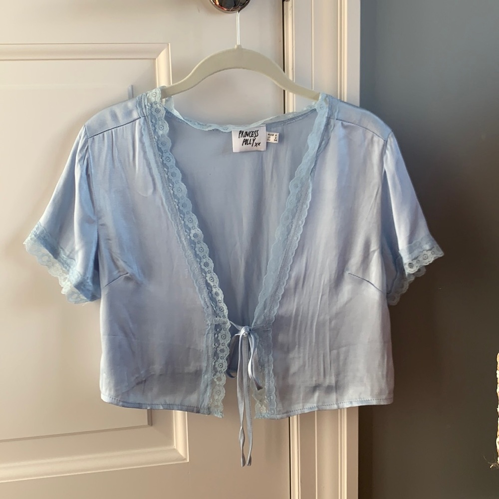 Blue crop front tie blouse